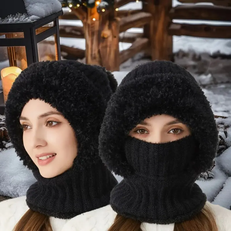Winter Hat Scarf Mask 3 in 1 Set for Women Men Fleece Lined Windproof Thermal Ear Covers Hooded Neck Warmer Balaclava for Outdoor Cycling Skiing Snowboarding Cold Weather