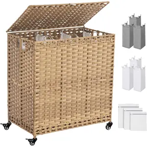 Laundry Hamper with Wheels&Lid, 50.2 Gallons(190L) Rolling Laundry Basket with Wheels, 3-Section Laundry Hamper, Handwoven Rattan Clothes Hamper with 6 Removable Liner& 3 Mesh Laundry Bags,