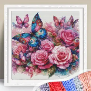 Rose Pattern Cross Stitch Kit, DIY Cross Stitch Kit for Beginners, Cross Stitch Printed Canvas, Butterfly Needlework Craft, Flower Embroidery, Embroidery Thread