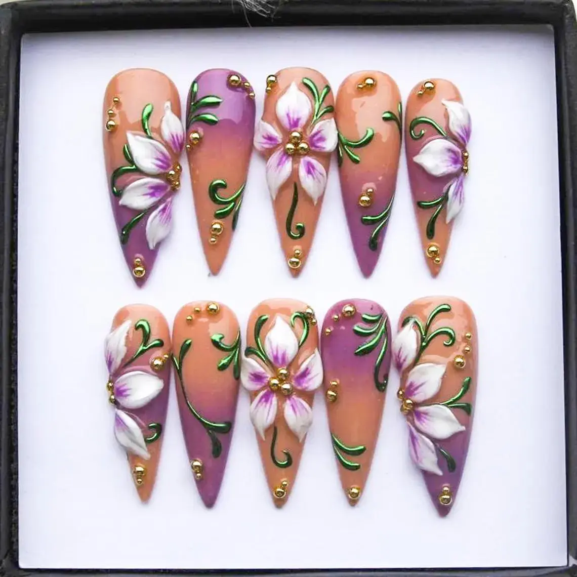 Purple Lavender Press on Stiletto Nails, Handmade Long False Nails with 3D Ombre Floral Design