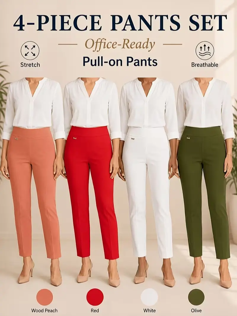 4-pack of women's work pants, stretchy, breathable, and skin-friendly office pants, smooth waistband, lightweight business casual pants