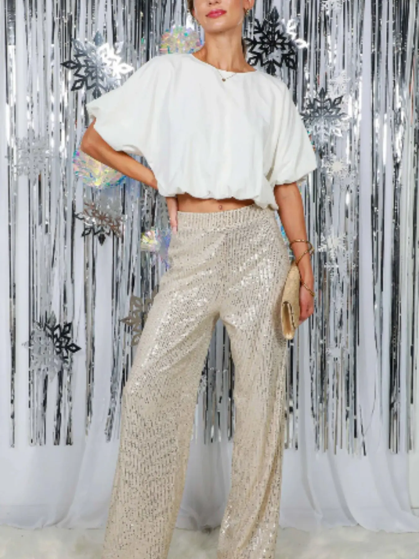 Women's Sequined Knit Casual Loose-Waist High Waist Wide Leg Pants, Fashion Shiny Craft Long Pants for Daily Wear, All Seasons, Womenswear Bottom