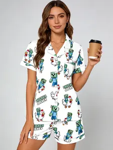 White Pixel Game Block Character & Chicken Rider Print Pajama Set for Women, Button Down Short Sleeve, Spring & Summer Loungewear, Black Trim Accents, Gamer Style Cozy Home Outfit