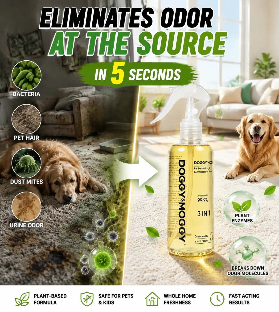 DOGGY & MOGGY Advanced Bio-Enzyme Odor Removal System, indoor odor removal, pet deodorant. Bio-enzymes break down urine, deodorizing, antibacterial, and anti-mite, Plant-extracted, safe and non-toxic for pets, Floral scent Air Freshener Spray