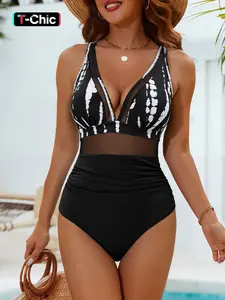 New Solid Color V Neck Mesh Patchwork Crinkle One Piece Bikini, Sleeveless Swimsuit, Casual Summer Swimwear, Thin Fabric, Fitted Style