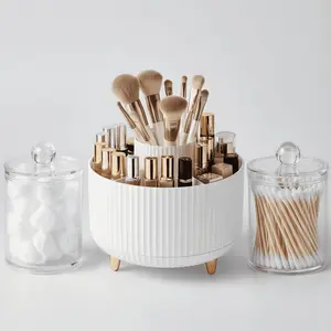360 Degree Rotating Makeup Storage Box Set, Durable Storage Organizer, Acrylic Cotton Swab Holder, Dustproof Vanity Organizer, Suitable for Cosmetics Brushes Q-Tips