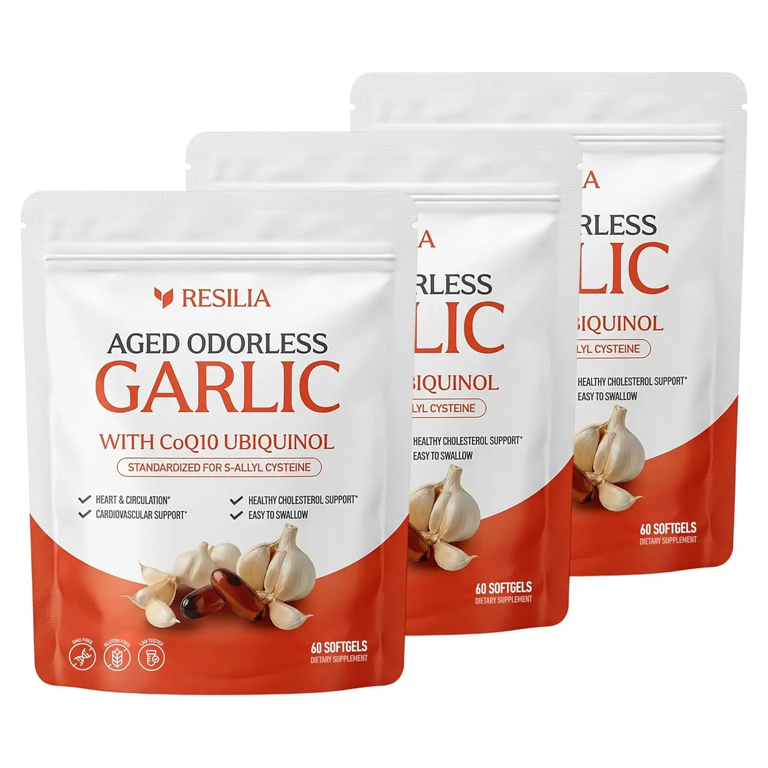 Resilia Odorless Aged Garlic Extract Softgels (180 Count) | 600mg Aged Garlic Extract Per Serving | with CoQ10 Ubiquinol & Vitamin K2 (MK-7) | Dietary Supplement