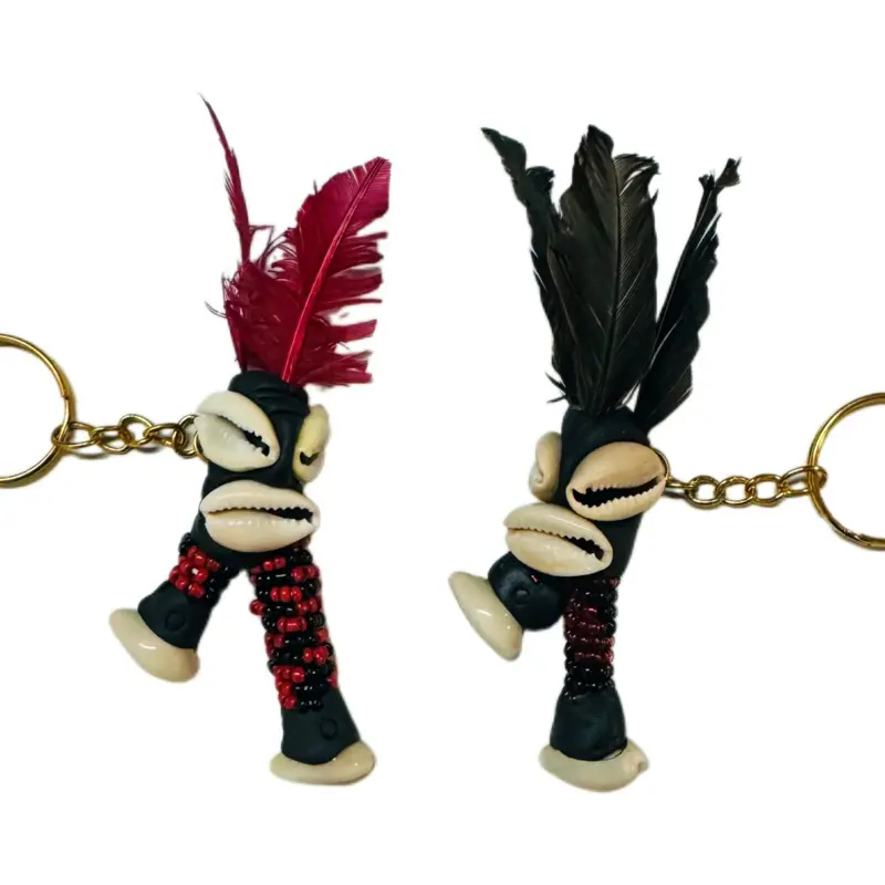 2X elegua Keychain - Black Figure with Red Feather and Black Feather, Includes Gold Ring, Simple Design