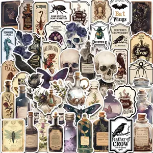 Vintage Style Label Sticker, 50pcs/set Skull & Bottle Pattern Sticker, Decorative Sticker for Students, Creative Decals for Water Bottle, Laptop, Phone Case, Stickers Kit