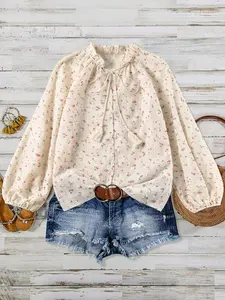 Women's Boho Floral Blouse V-Neck Tie Front Long Sleeve Tops Lace Trim Tassel Peasant Shirts Flowy Casual Summer Vacation Beach Outfits Cottagecore Western Coastal Cowgirl Aesthetic Spring