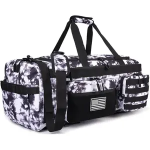 50L Tactical Duffle Bag for Men, 3-in-1 Gym Duffle and Backpack, Shoe Compartment, Laptop Sleeve and MOLLE, Carry-On Travel Weekender and Overnight Bag – Black and White
