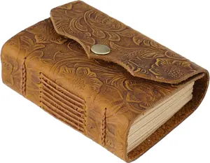 Leather Journal Notebook, 4.3"X3" Pocket Notebook, 320 Pages Kraft Paper Embossed Journal Dairy, Small Leather Journals for Writing, Mini Handmade Unlined Leather Scrapbook, Gift for Women Men