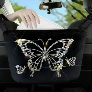 Rhinestone Butterfly Pattern Car Storage Bag, Large Capacity Car Seat Back Hanging Bag, Adjustable Strap Car Interior Accessories for Women, Car Accessory