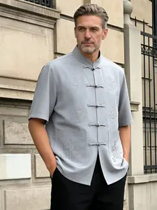 Men's Summer Tang Suit Shirt, Trendy Cultural Embroidery, Handmade Button-Up Stand Collar, Lightweight Breathable Hanfu Top, Casual Short Sleeve Blouse