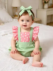Girls' 2-Piece Set Strawberry Print Sleeveless Romper + Matching Bow Hairband, Sweet Baby Clothes, Infant Fashion