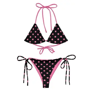 Pink Polka Dot String Bikini Set – Black & Hot Pink | Halter Tie Top & Side-Tie Bottom | Retro Vintage Pinup Swimwear | Y2K Coquette Aesthetic | Women's Cute Summer Beach Pool Outfit & Gift for Her