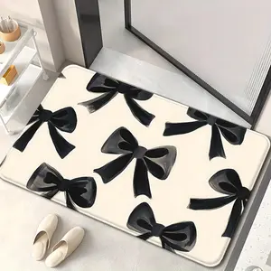 A Black Bow Pattern Doormat | Non-Slip, Absorbent Microfiber Polyester Carpet Suitable for Bathrooms, Bedrooms, Living Room Entrances | Machine-Washable, Stylish Black-and-White Design, Great Holiday Gift for Home Decor