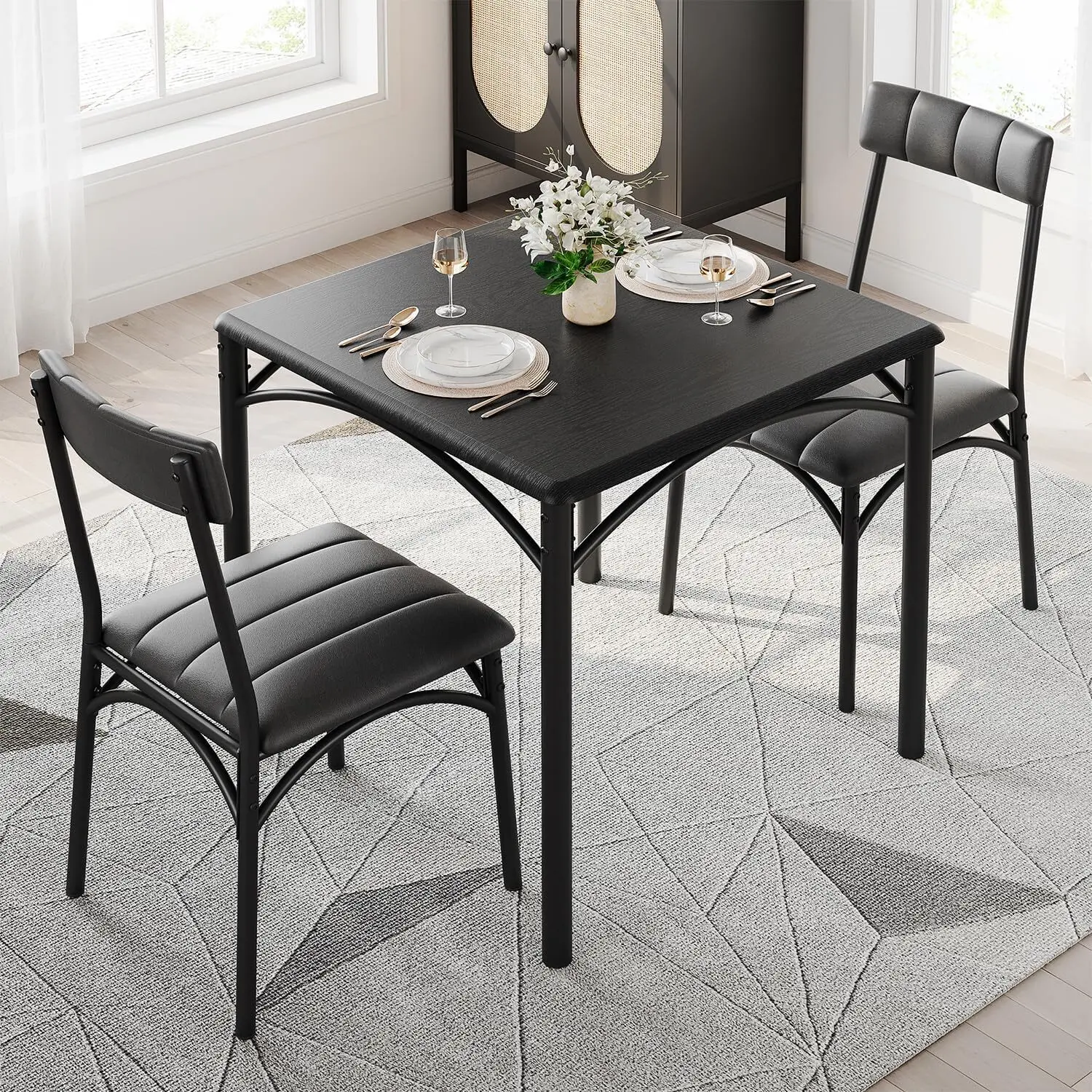 Dining Table Set for 2, Kitchen Table and Chairs for 2 with Upholstered Chairs, 3 Piece Square Kitchen Table Set, Dining Room Table Set for Small Space, Apartment, Retro Black