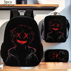 Demon print backpack 3-piece set includes a large-capacity backpack, a pencil case, and a zippered lunch bag with adjustable shoulder straps. Lightweight travel backpack