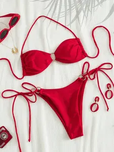 New Fashion Sexy Solid Color Bikini Set, Women's Two-Piece Bikini Set With Strap Ties Summer Beach Vacation Black