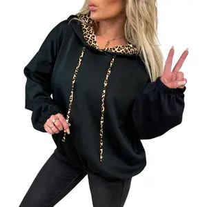 Leopard Contrast Drawstring Hood Drop Shoulder Loose Top