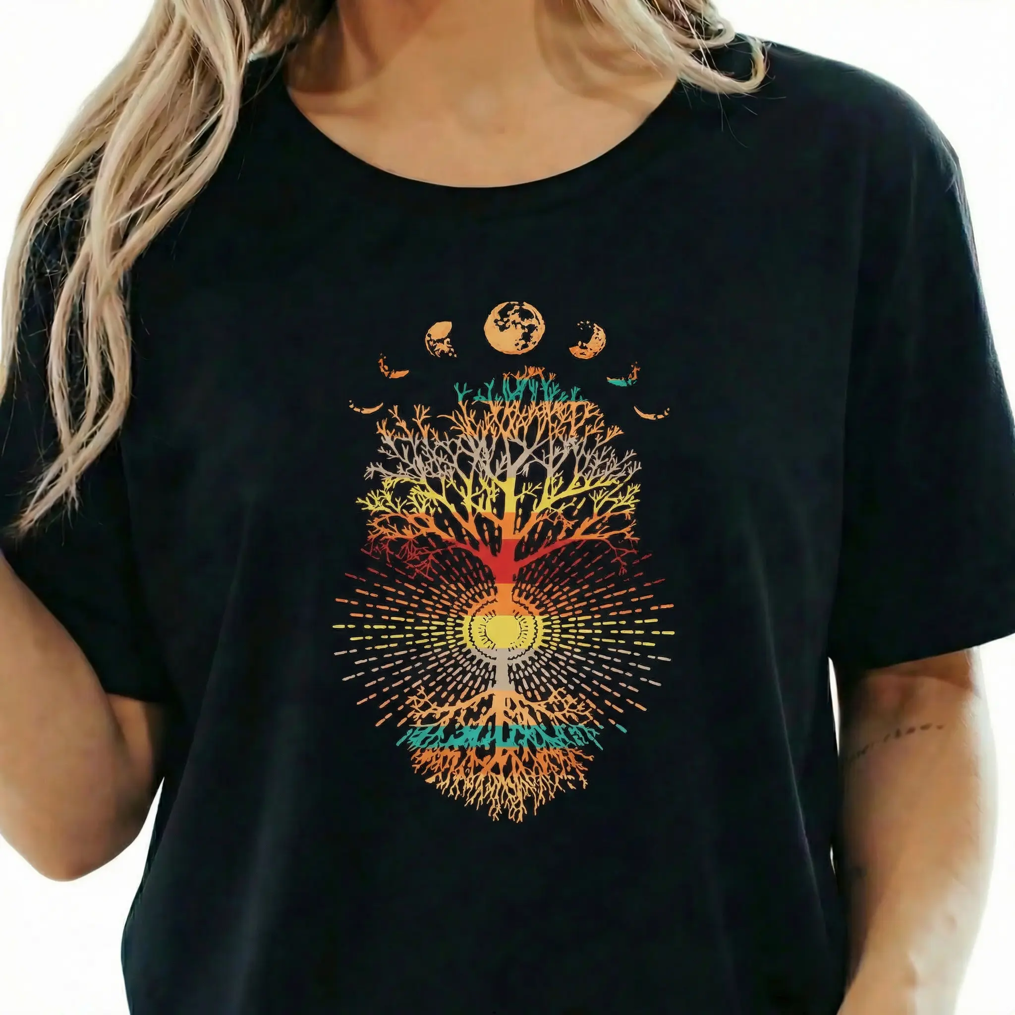Women's Cute Short-Sleeve Boho Tree Of Life Graphic Tee - Vintage Moon Phase, Retro Spiritual Hippie Art, Relaxed Fit Soft Outdoor Top, Boho Clothes For Women Nature Lover Gift