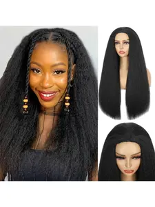 Kinky Straight Half Wig Human Hair Wear and Go Half Wigs with Drawstring Yaki Straight Glueless Wig 3 In 1 Flip Over Headband Wig for Women 200% Density Glueless Hd Wigs No Glue Wig