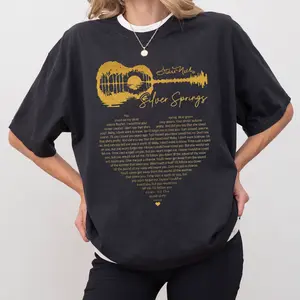 Silver Springs Song Lyric T-Shirt, Heart & Guitar Design, Vintage Stevie Nicks Music Tee , Cotton, Short Sleeve, Casual, Round Neck