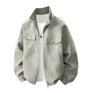 2025 New Spring Autumn Simple Loose Casual Men's Riding Jacket Classic Sporty Motorcycle Leather Full Zip Long Sleeve Vintage Street Style