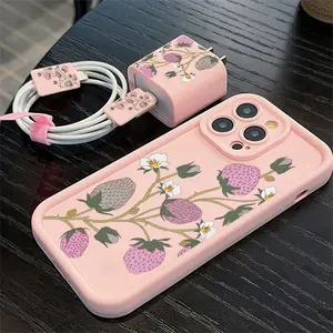 5 Piece Strawberry Phone Case Set with Charger Head Cover, Cable Protector, Tpu Case for iPhone 6-16, Perfect Gift for Couples and Teens