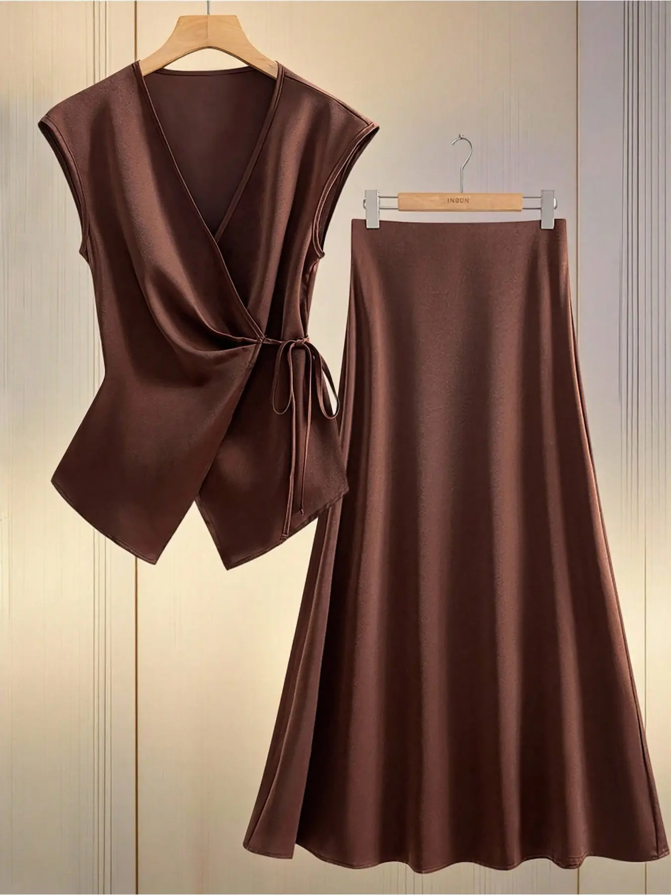 Satin Wrap Blouse Top + A-Line Skirt Set, Sleeveless V-Neck Tie Two-Piece, Office/brunch/travel/dinner/party/casual Wear Outfit Clothes