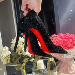 Red Sole High Heels Crystal Full Diamond Pointed Toe Shallow Mouth Single Shoes Thin Heel Rhinestone Elegant Evening Wedding Shoes