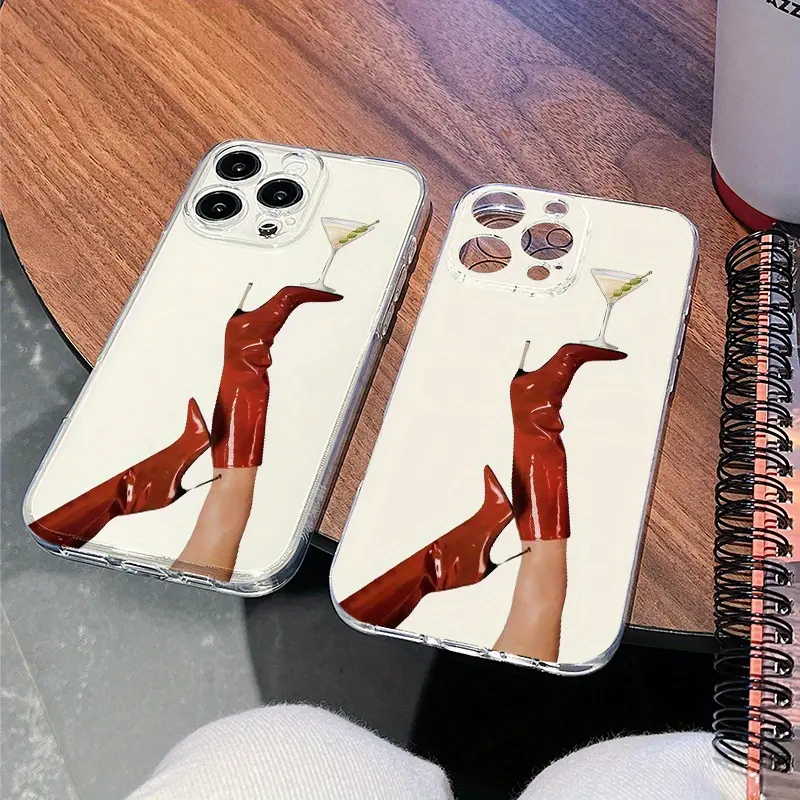 Women's Patterned Translucent TPU Phone Case - Flexible Cover with High Heels & Martini Glass Prints, Snug Fit for iPhone 16,15,14,13,12,11 Pro,ProMax,Plus, Unique Mobile Accessory, High Heels Print, Transparent