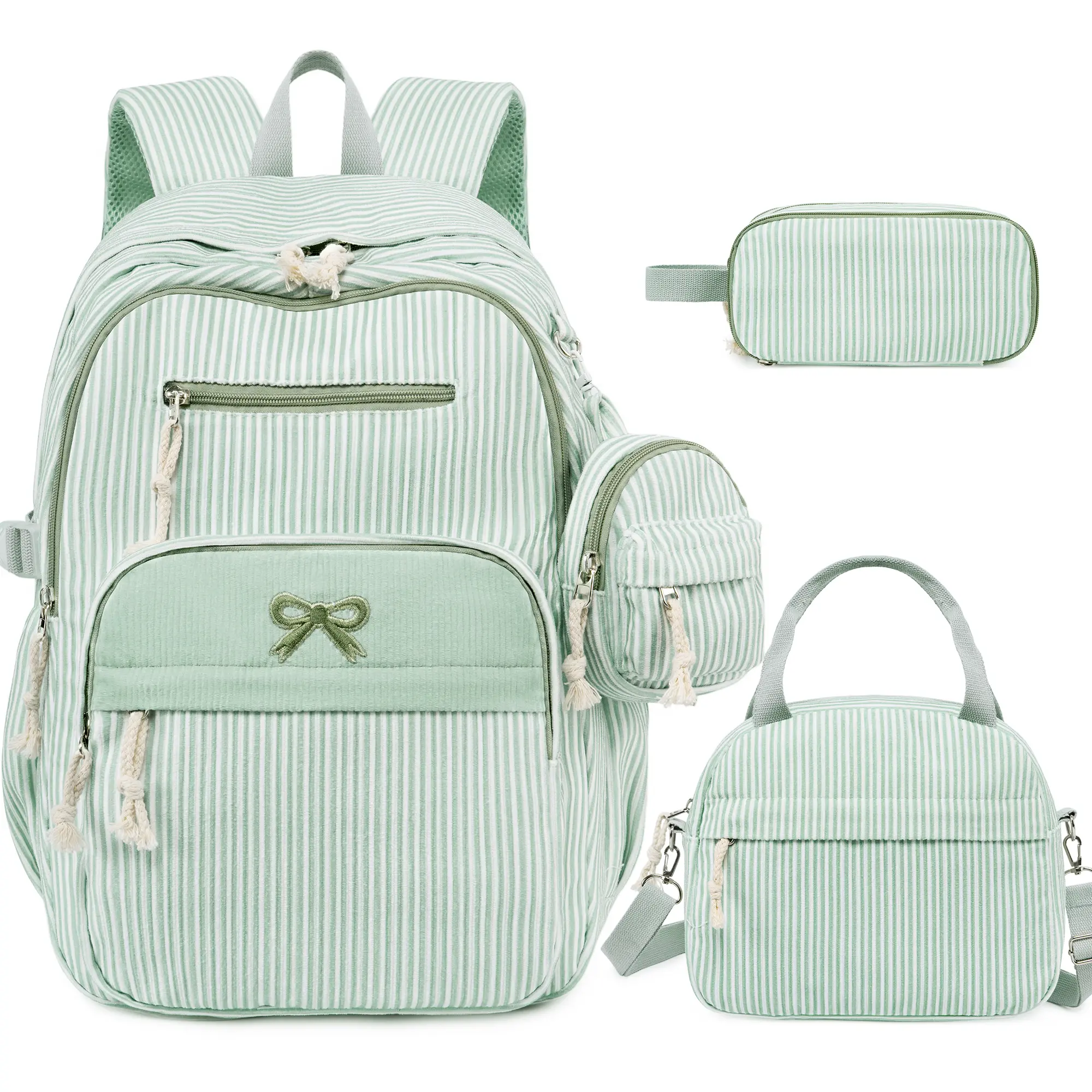 Similove 3PCS Bow Embroidery Corduroy Multi-Function Backpack Bundle Set - Adjustable Shoulder Strap, Zip School Backpacks, Lunch Box, Pencil Pouch, USB Port, A1 Pink Beige Bow, Back to School Gift for Elementary Students