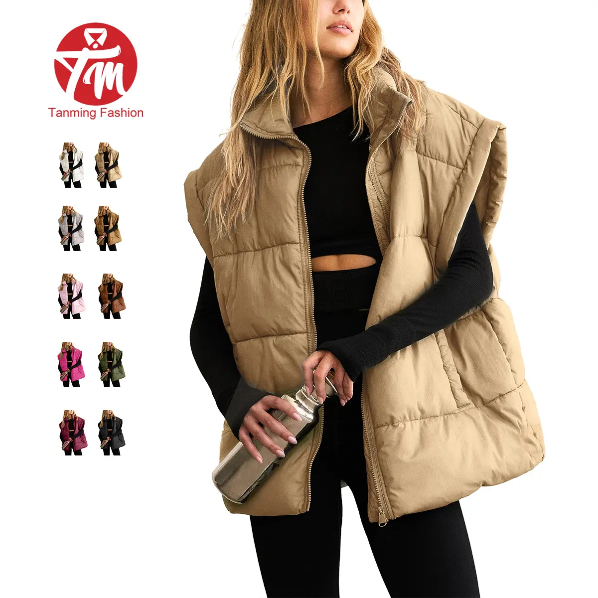 Tanming Women's Spring Trendy Oversized Polyester Puffer Vest - Lightweight, Stand Collar, Warm, Easy to Match, Padded Outerwear with Hand Pockets, Casual Top,summerwins