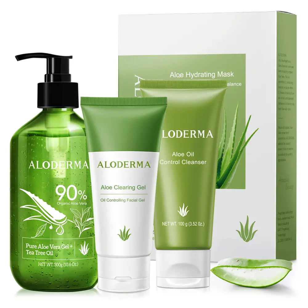 ALODERMA 4-Piece Skin Clearing Set - Calming & Exfoliating Kit with Aloe Vera Facial Cleanser, Spot Treatment Gel & Hydrating Mask, Exfoliate, Oily Skin, Organic Aloe, 95% Natural Mask, Sugar, Blend, Moisturizer, Sheet, Tea Tree