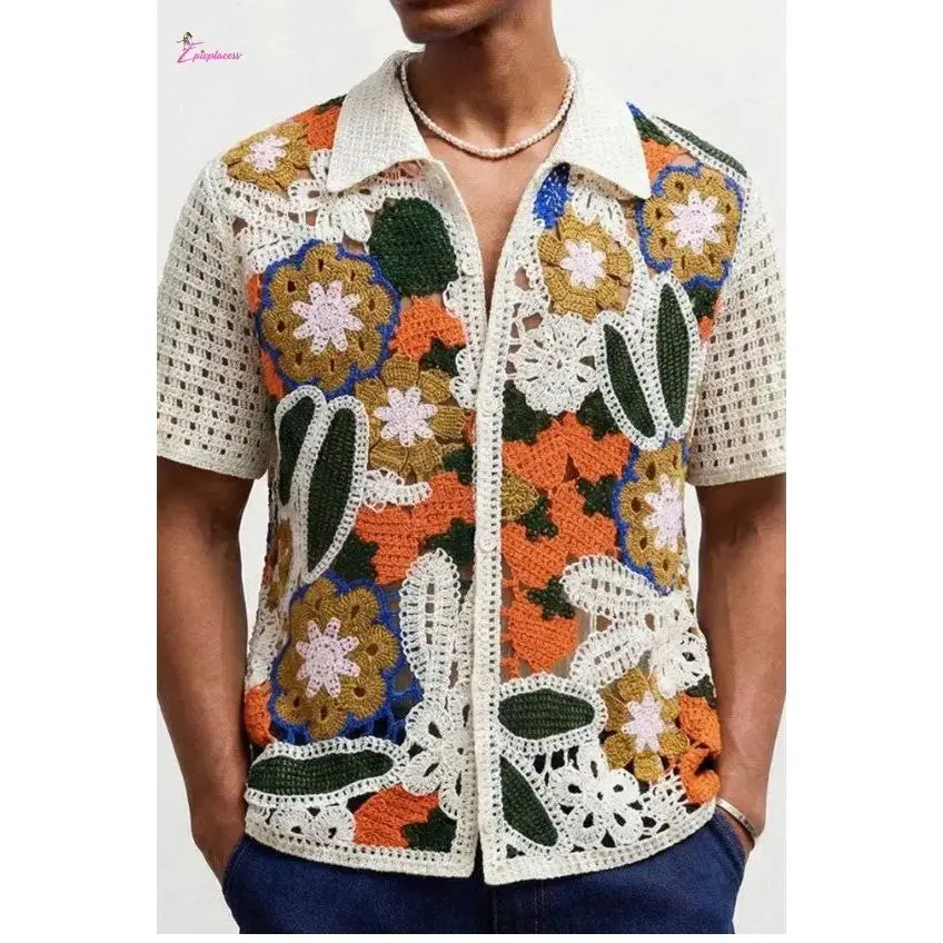 Ivory Abstract Floral Crochet Open-Knit Shirt