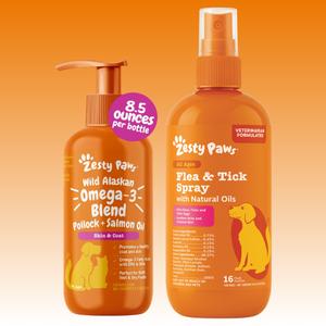 TikTok Exclusive Bundle Zesty Paws Fresh Paws Shiny Coat & Bug-Free (8.5 oz Salmon Oil + 16 oz Flea & Tick Spray)