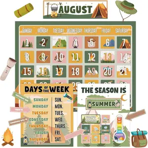 Camping Calendar Bulletin Board Set for Classroom Decorations Camp Calendar Season Weather Chart Woodland Campfire Simply CTP Paper-Cuts for  to School Teachers  Chalkboard Wall Door Decor