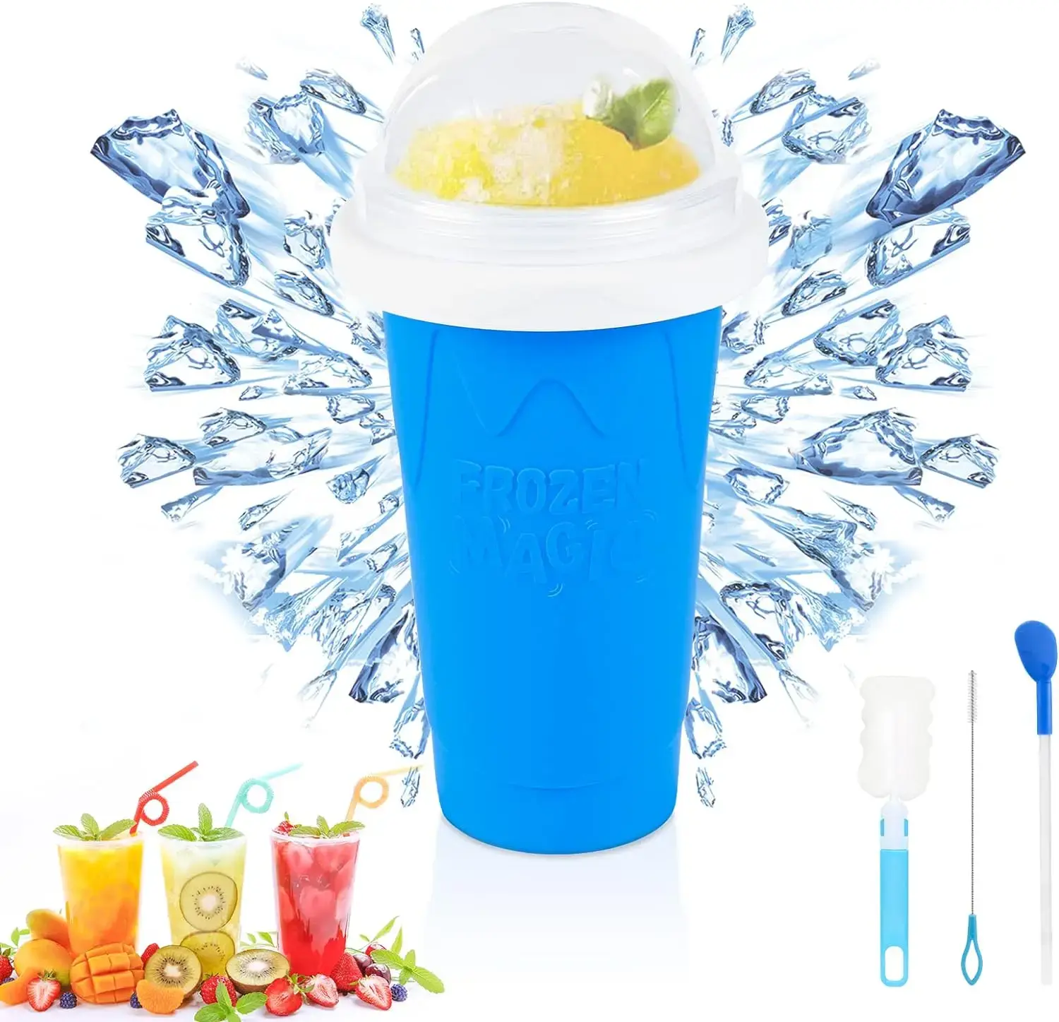Homemade Smoothie Cup Quick-Frozen Ice Cream Milkshake Bottle Summer DIY Juice Iced Cup Freezed Portable Squeeze Slushie Cups Reusable Silicone Kitchen Utensils with Splash-proof Lids & Reusable Straws