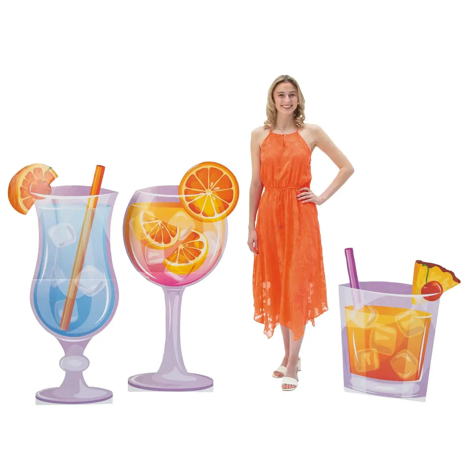 3-Pc. Colorful Multicolor Cocktail Party Cardboard Cutout Stand-Ups - 32.5-52in Height, Photo Booth Prop, Entryway Decor, Fun Colors Festive Event Supplies