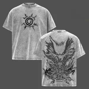 Naruto X Kurama Anime Double Printed Vintage Washed Unisex Oversize T-shirt for Anime Fans Heavyweight Cotton Top Menswear Gift Menswear Top Tshirt Streetwear Oversized Crewneck Tropical