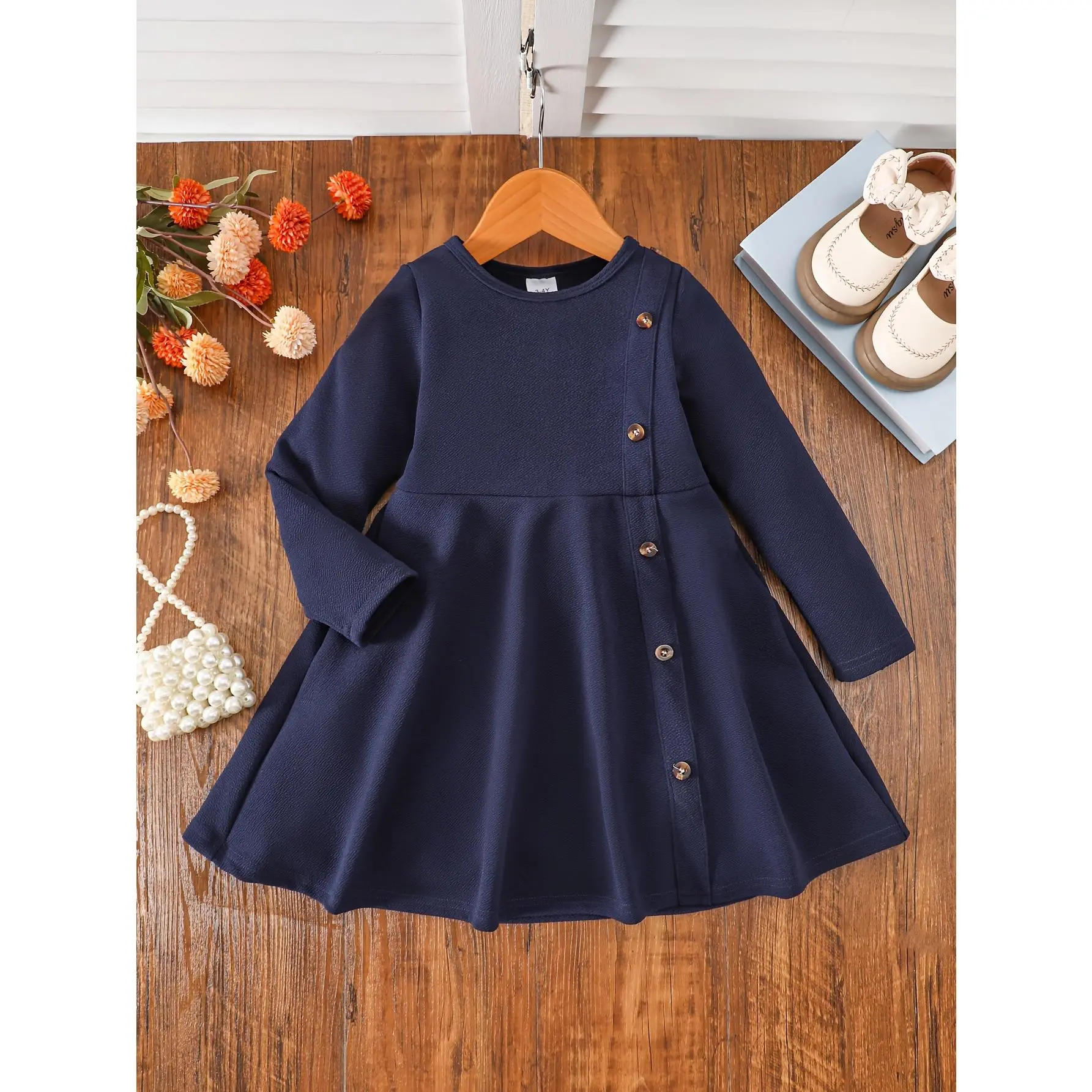 Girls' Plain Navy Blue A-Line Dress - Long Sleeve, Round Neck, Button  Front, Knee-Length, Flared Hem, Regular Fit, All-Seasons Casual & Formal  Outfits - TikTok Shop