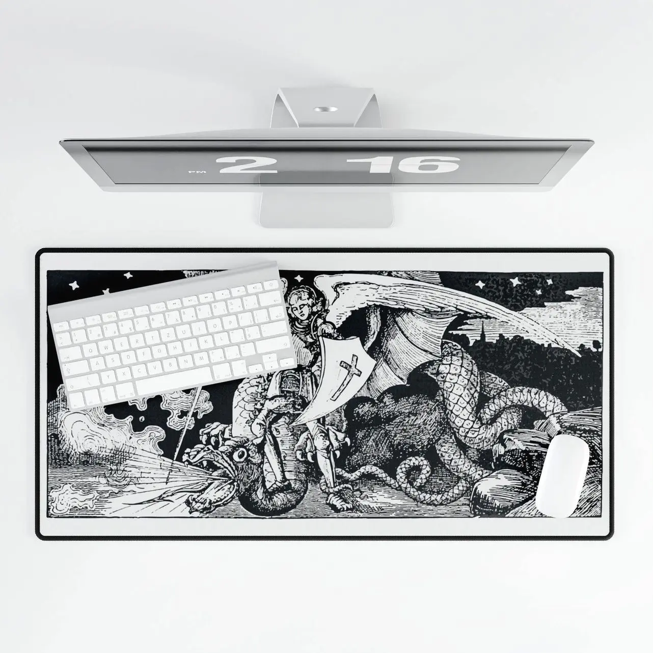 Medieval Archangel Battle Desk Mat - Gothic Engraving Mouse Pad, Black White Fantasy Desk Pad, Dark Religious Style Desk Mat
