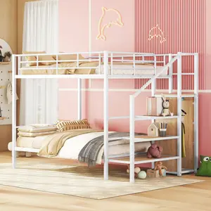 Full Over Full Metal Bunk Bed Frame with Stairs and Storage Wardrobe