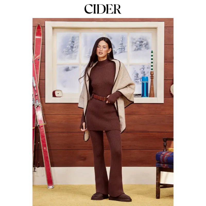 Cider Women's Lady Knitwear High-Neck Long-Sleeve Top With Belt, Longsleeves, Tops