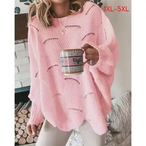 【XL-5XL】Imily Bela Curve Womens Plus Size Hollow Out Sweater Elegant Spring Autumn Loose Knitted Female Winter Casual Neck Solid Color Sweaters
