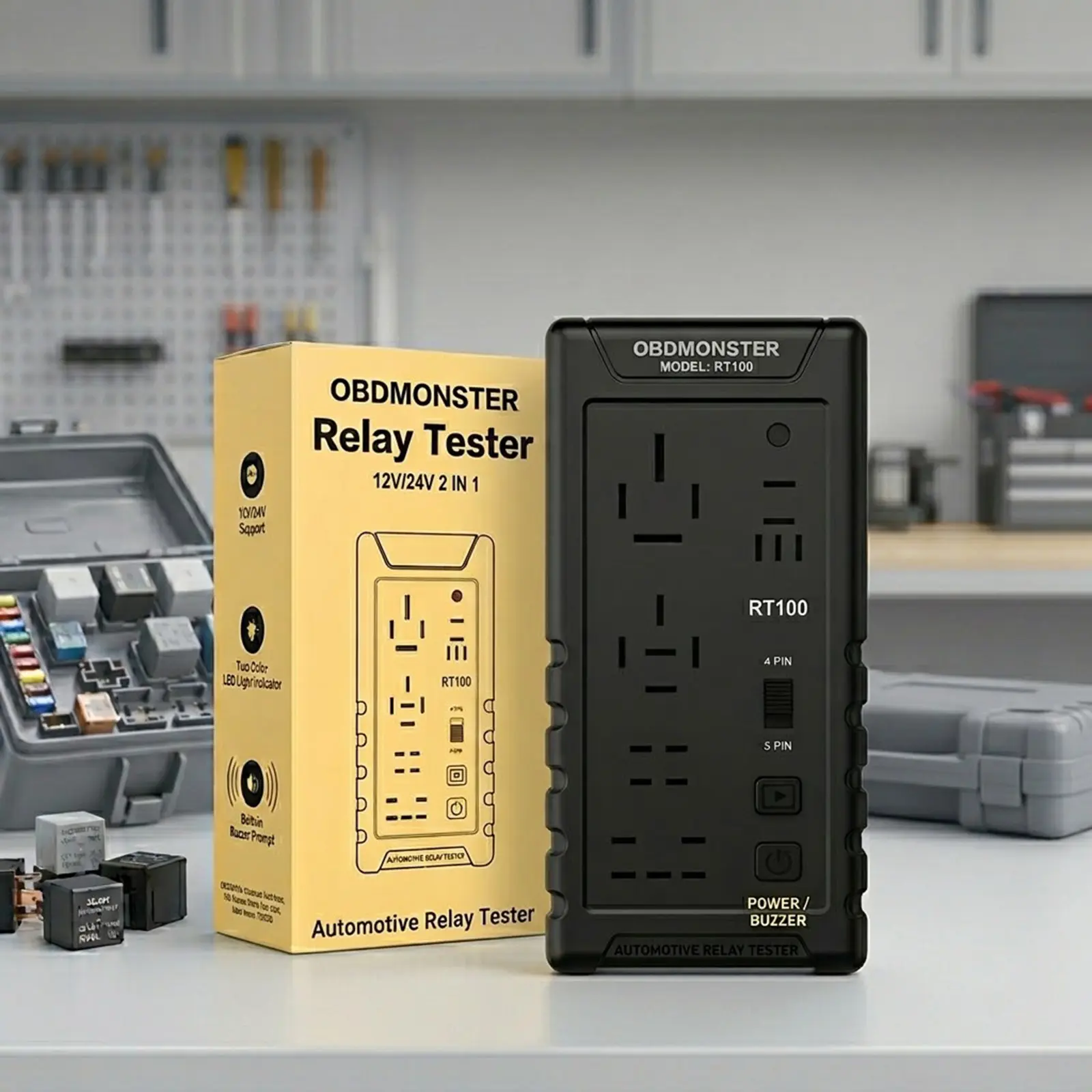 OBDMONSTER RT100 Automotive Relay Tester - 12V&24V Auto-Detect, 5-Slot 4-Pin/5-Pin Mode, Compact Handheld Wireless Diagnostic Tool with Audio Buzzer, for Cars/Trucks (Requires AA Batteries)