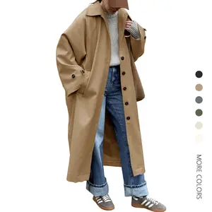 Danedvi Womens Long Trench Coat Single Breasted Oversized Windproof Classic Lapel Fall Overcoat