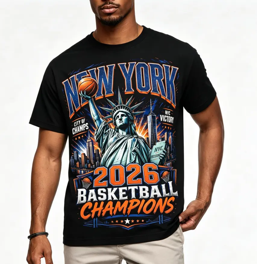 Mens New York City Champions 2026 Basketball Tee Black Y2K Style All-over Print T Shirt Printed T-shirts, Streetwear Style Clothing Weekend Casual Wear Independence Day T-shirt Football T-shirts